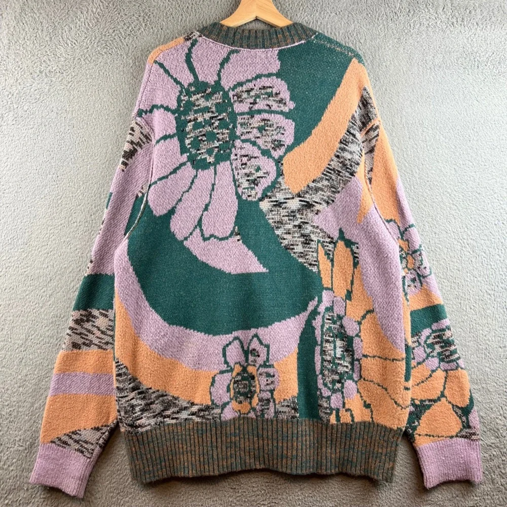 Free People August Floral Intarsia Oversized Cardigan Lavender Teal Peach Large